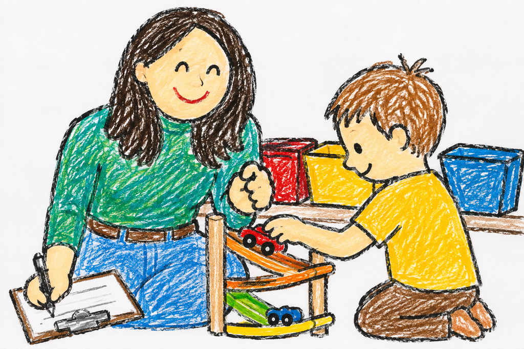 Crayon drawing of a smiling practitioner taking notes on a clipboard while a young boy plays with toy cars on a wooden ramp